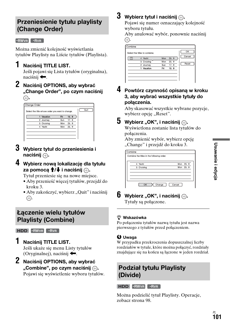 Przeniesienie tytułu playlisty (change order), Łączenie wielu tytułów playlisty (combine), Podział tytułu playlisty (divide) | Sony DAR-X1R User Manual | Page 561 / 623