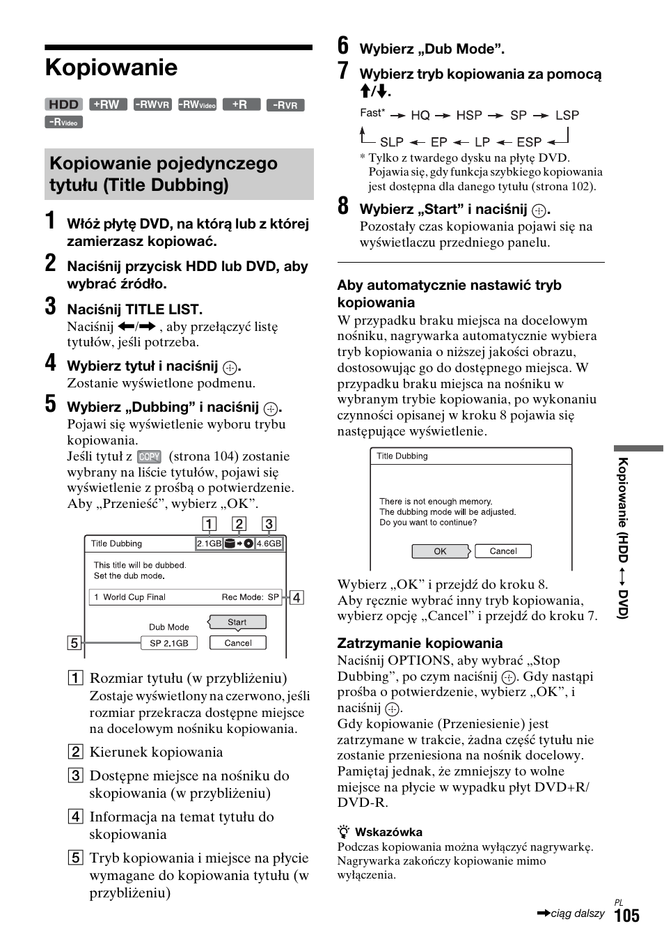 Kopiowanie, Kopiowanie pojedynczego tytułu (title dubbing), Kopiowanie 1 | Sony DAR-X1R User Manual | Page 565 / 623