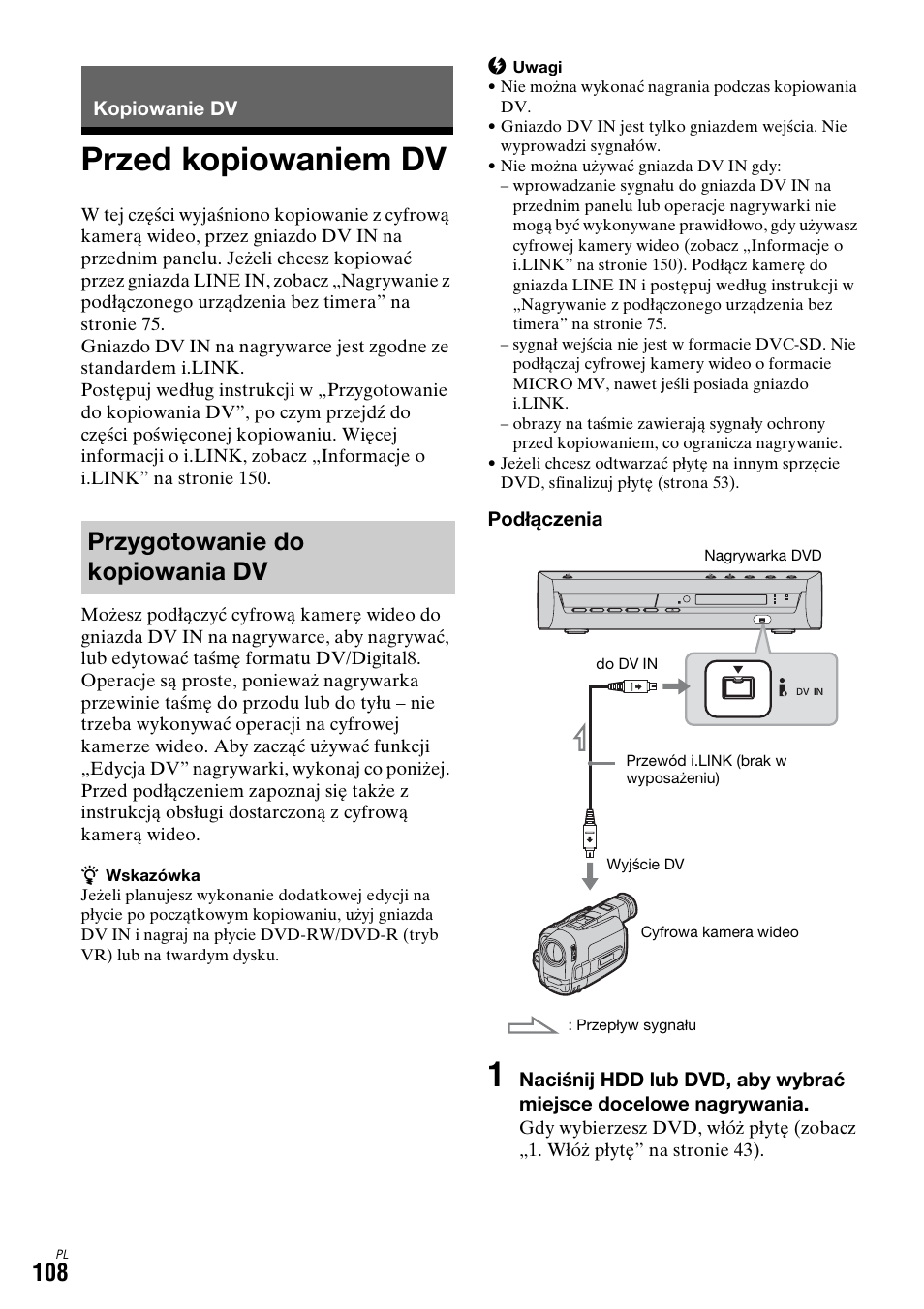 Kopiowanie dv, Przed kopiowaniem dv, Przygotowanie do kopiowania dv | Zobacz „kopiowanie dv” na stronie 108 | Sony DAR-X1R User Manual | Page 568 / 623