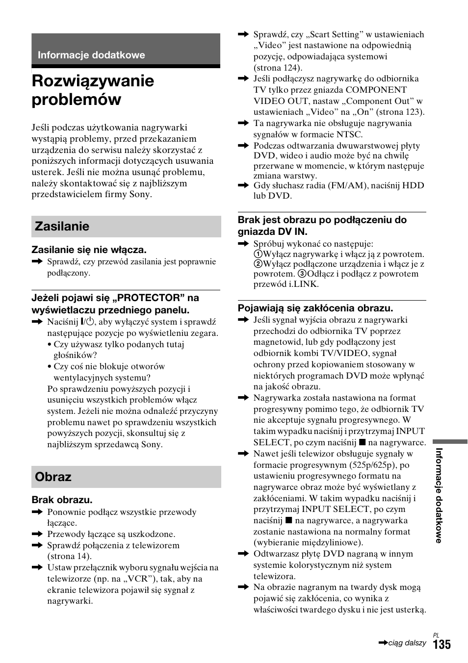 Informacje dodatkowe, Rozwiązywanie problemów, Zasilanie obraz | Sony DAR-X1R User Manual | Page 595 / 623