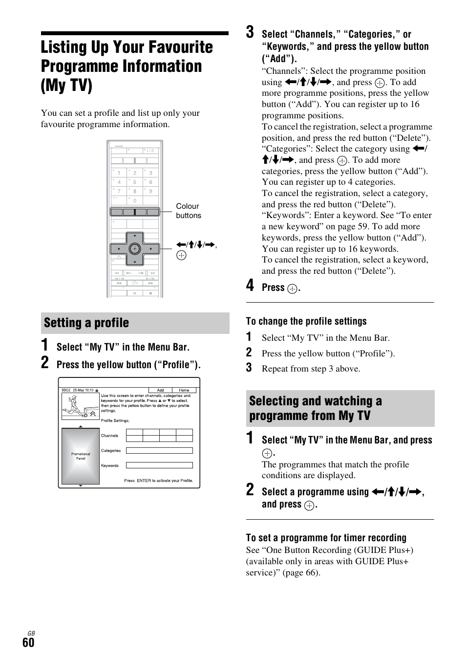 Setting a profile, Selecting and watching a programme from my tv | Sony DAR-X1R User Manual | Page 60 / 623