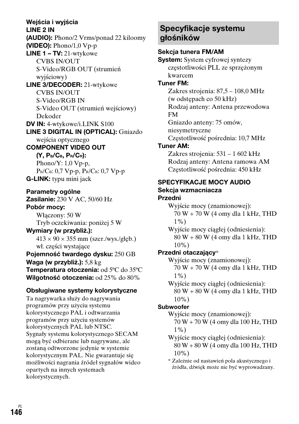Specyfikacje systemu głośników | Sony DAR-X1R User Manual | Page 606 / 623