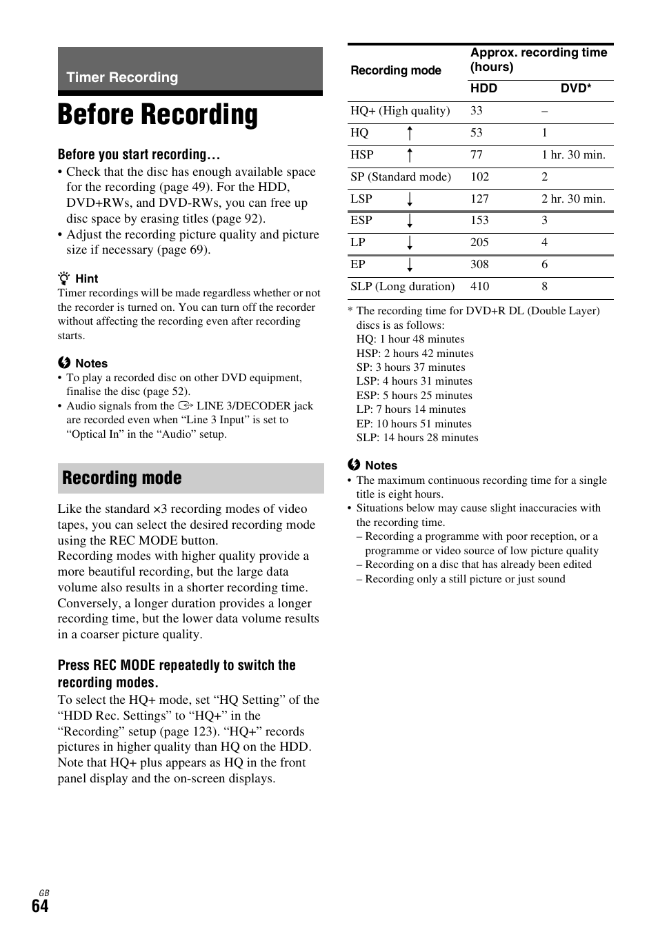 Timer recording, Before recording, Recording mode | Sony DAR-X1R User Manual | Page 64 / 623