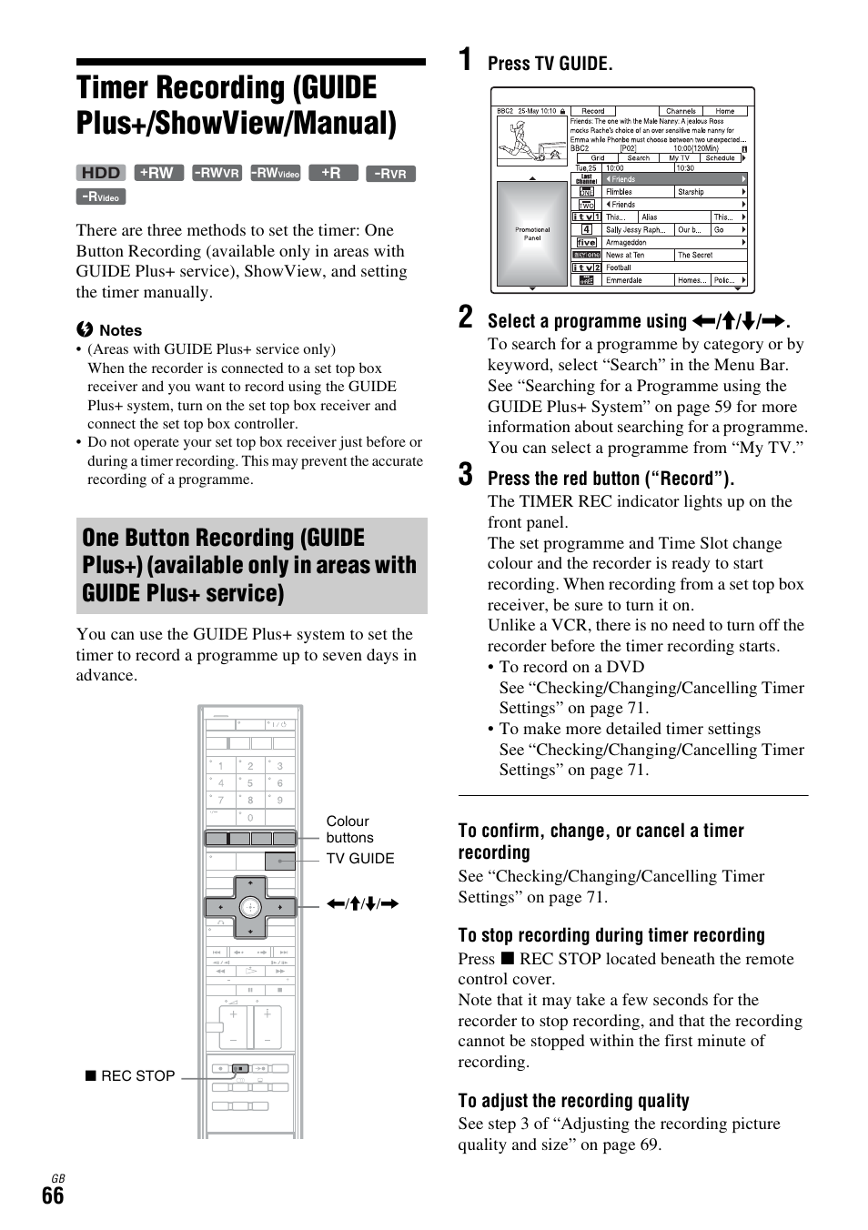 Timer recording (guide plus+/showview/manual), One button recording (guide plus+), Available only in areas with guide plus+ service) | Sony DAR-X1R User Manual | Page 66 / 623