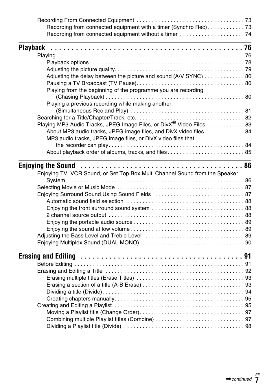 Playback, Enjoying the sound, Erasing and editing | Sony DAR-X1R User Manual | Page 7 / 623