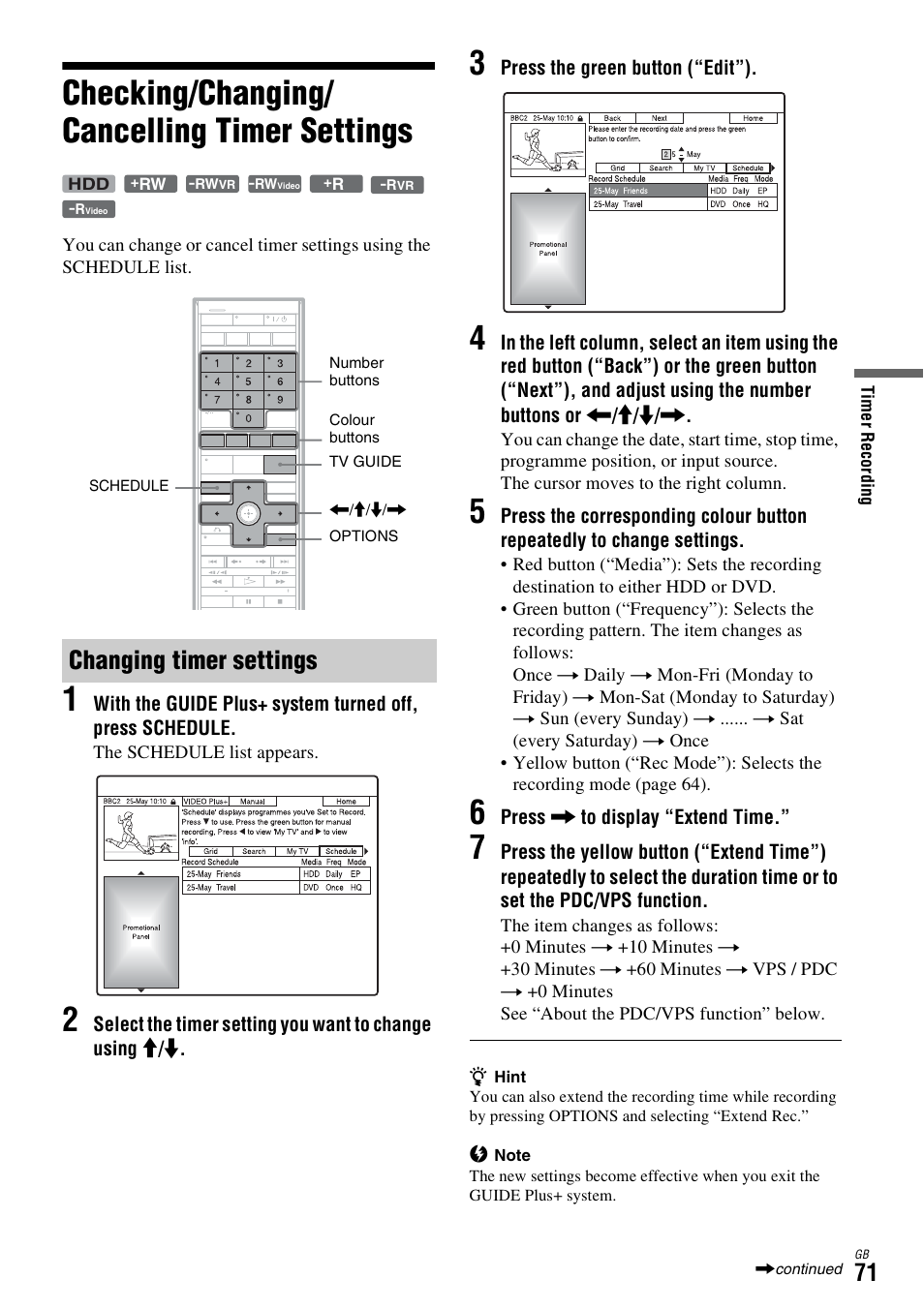 Checking/changing/ cancelling timer settings, Changing timer settings, Checking/changing/cancelling timer settings | Sony DAR-X1R User Manual | Page 71 / 623