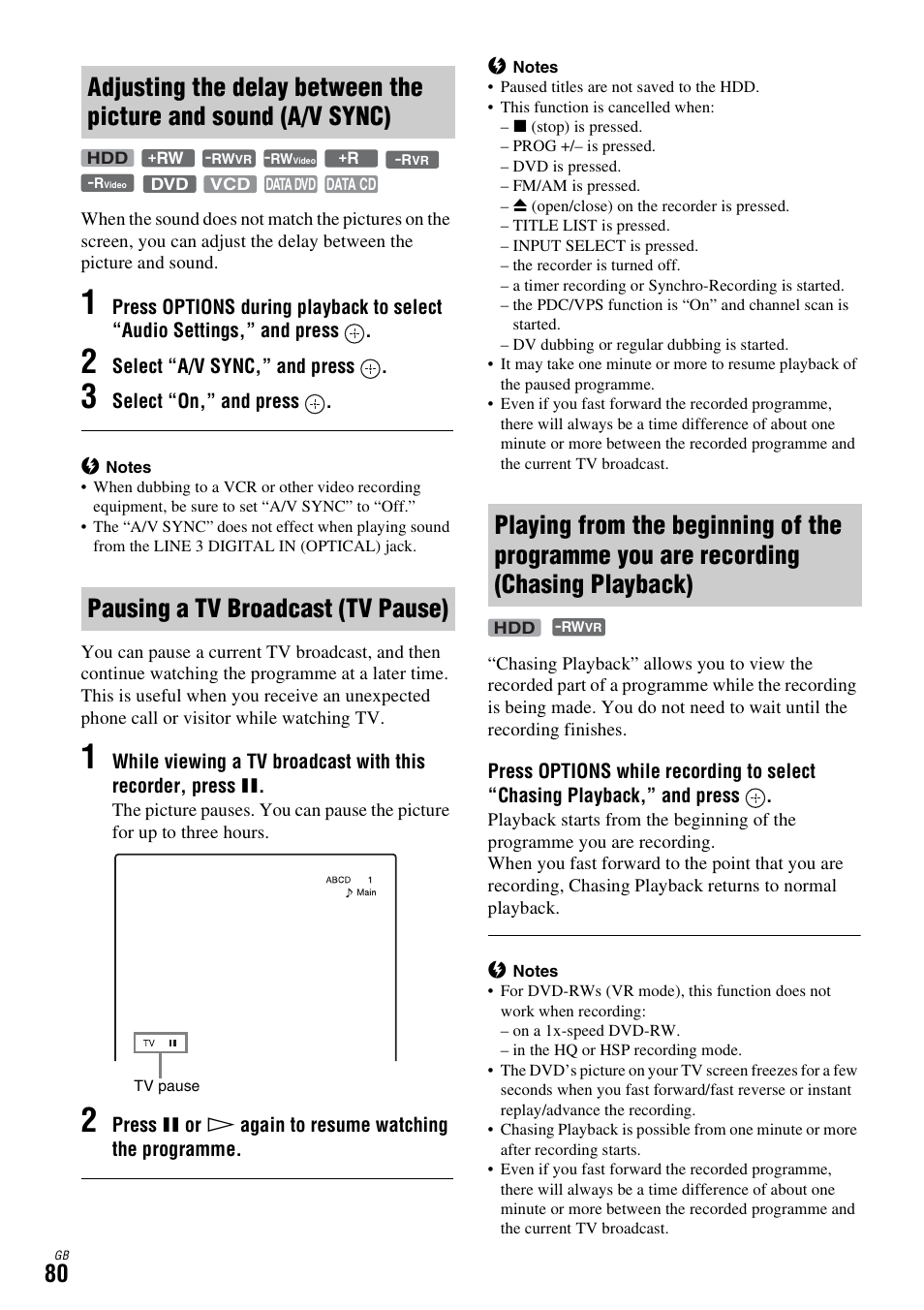 Pausing a tv broadcast (tv pause), Chasing playback) | Sony DAR-X1R User Manual | Page 80 / 623