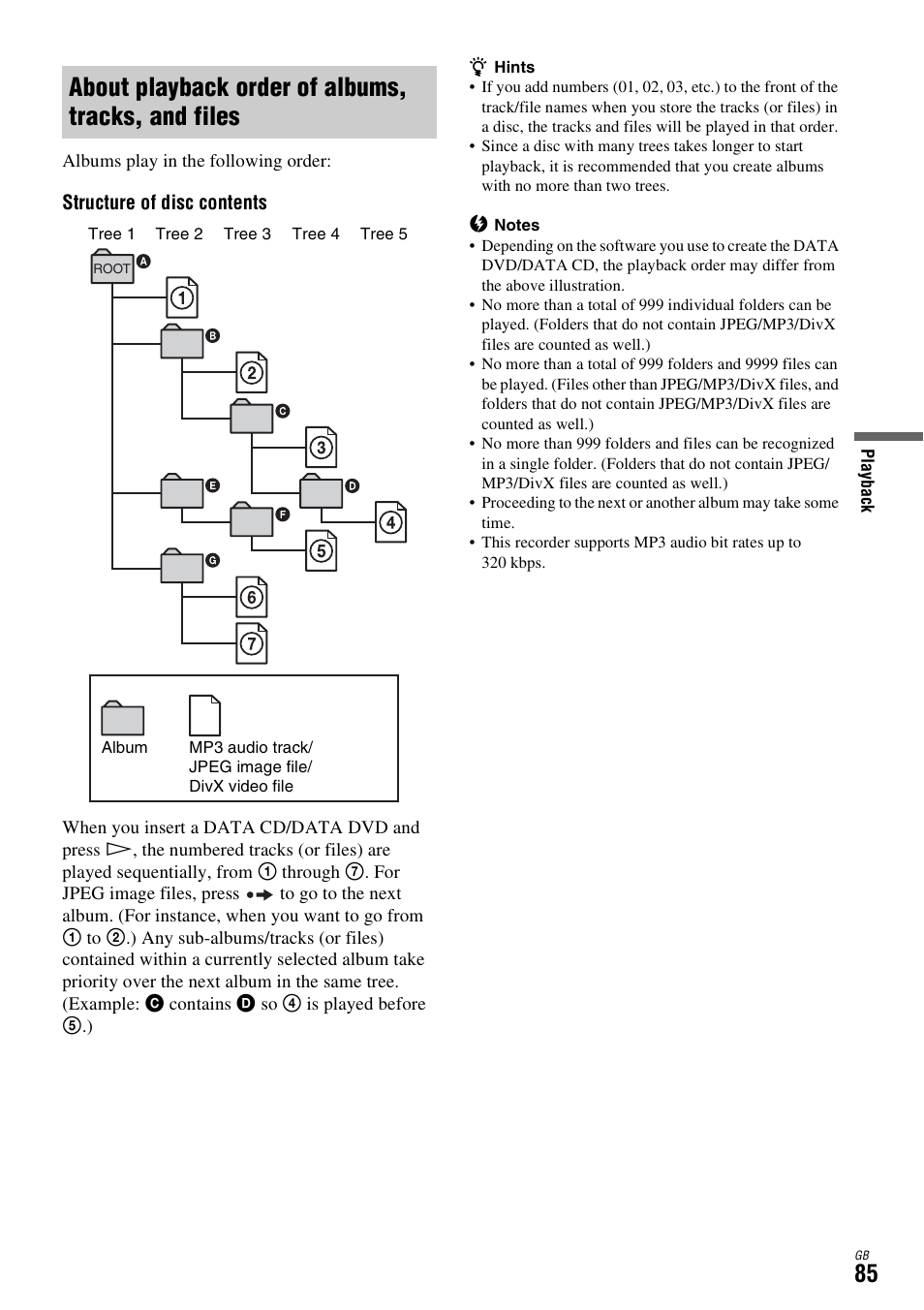 About playback order of albums, tracks, and files | Sony DAR-X1R User Manual | Page 85 / 623