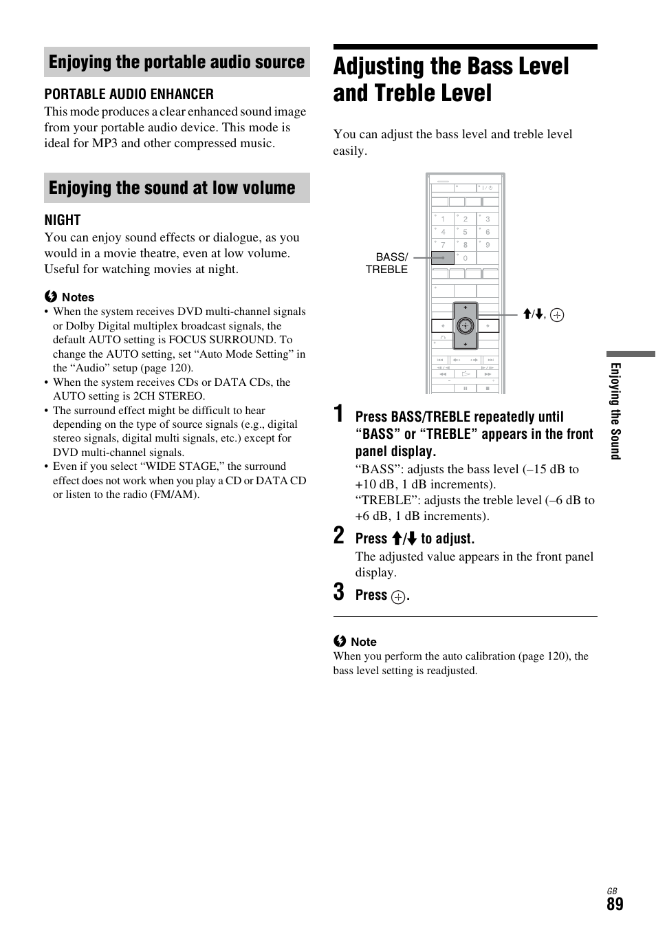 Enjoying the portable audio source, Enjoying the sound at low volume, Adjusting the bass level and treble level | Sony DAR-X1R User Manual | Page 89 / 623