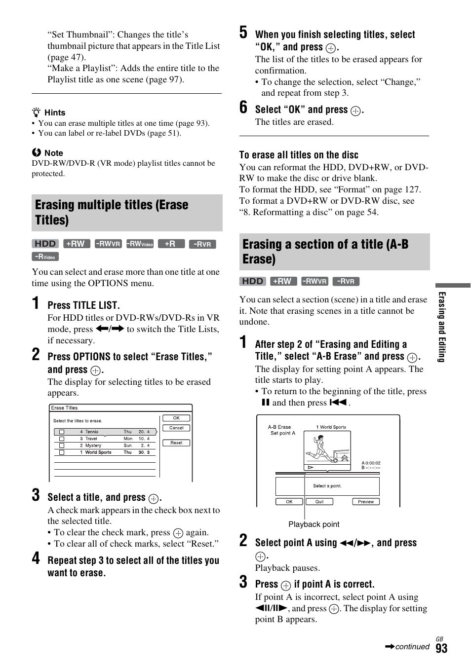 Erasing multiple titles (erase titles), Erasing a section of a title (a-b erase) | Sony DAR-X1R User Manual | Page 93 / 623