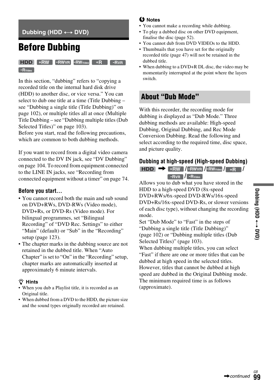 Dubbing (hdd y dvd), Before dubbing, About “dub mode | Dubbing (hdd y | Sony DAR-X1R User Manual | Page 99 / 623