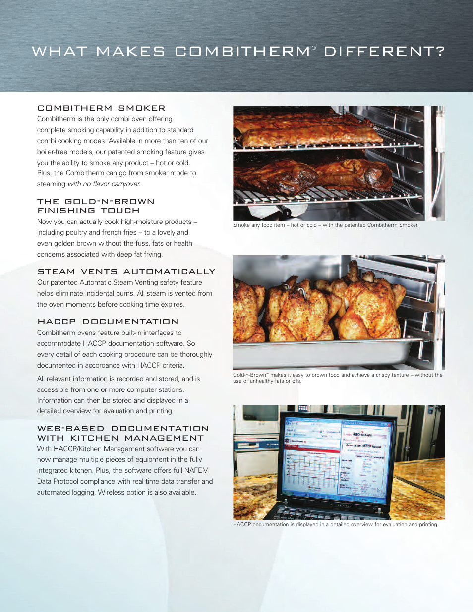 What makes combitherm, Different, Combitherm smoker | The gold-n-brown finishing touch, Steam vents automatically, Haccp documentation, Web-based documentation with kitchen management | Alto-Shaam Combitherm Combi Oven User Manual | Page 5 / 12