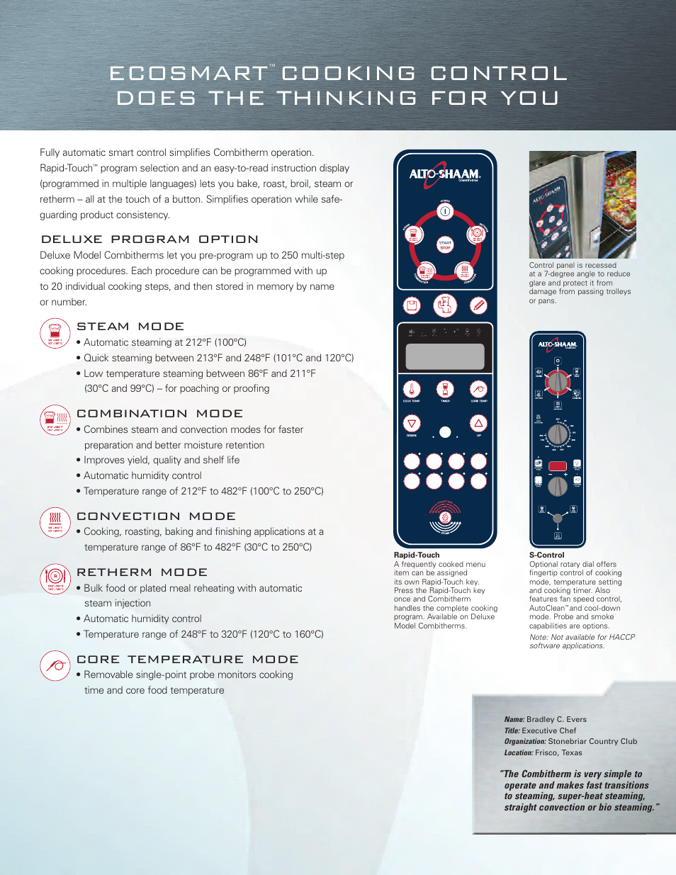 Ecosmart, Cooking control does the thinking for you, Deluxe program option | Steam mode, Combination mode, Convection mode, Retherm mode, Core temperature mode | Alto-Shaam Combitherm Combi Oven User Manual | Page 7 / 12