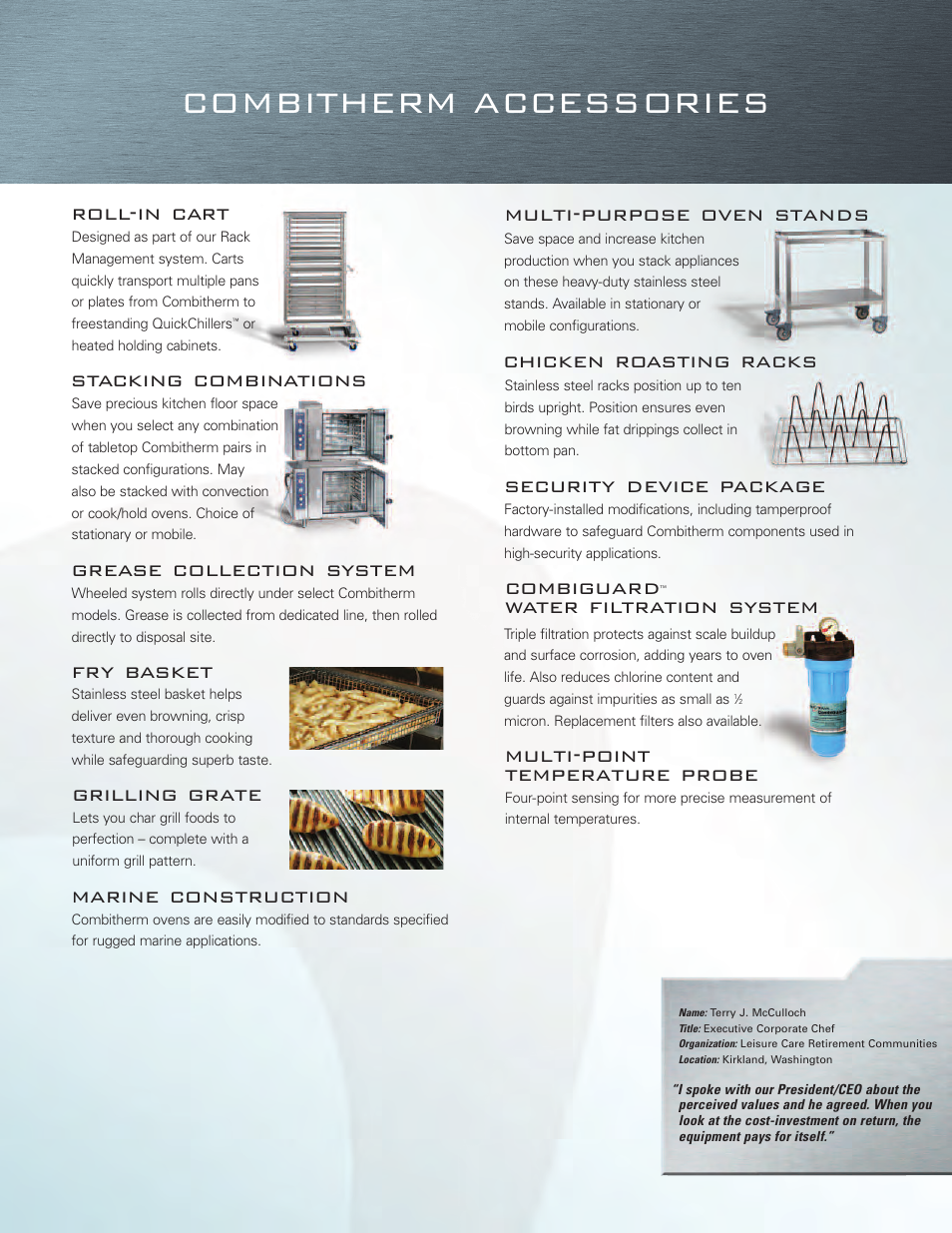 Combitherm accessories, Roll-in cart, Grease collection system | Fry basket, Grilling grate, Multi-point temperature probe, Security device package, Water filtration system, Marine construction | Alto-Shaam Combitherm Combi Oven User Manual | Page 9 / 12