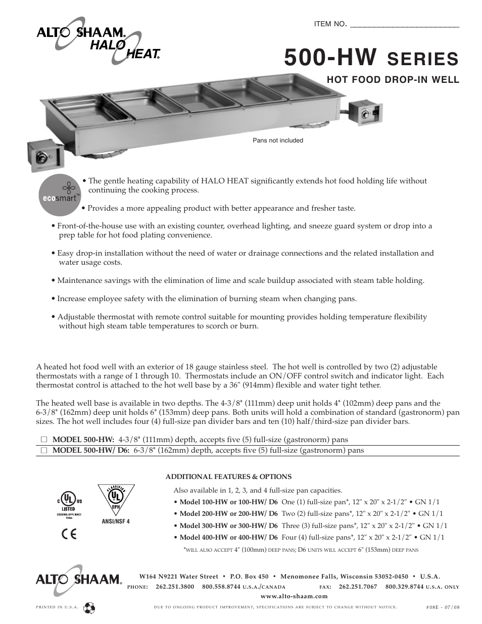 Alto-Shaam Halo Heat 500-HW Series User Manual | 2 pages