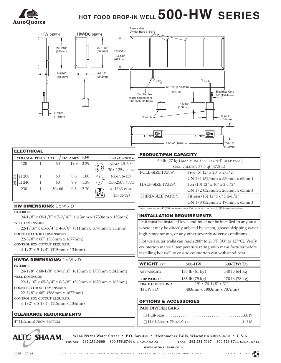 Series, Hot food drop-in well | Alto-Shaam Halo Heat 500-HW Series User Manual | Page 2 / 2