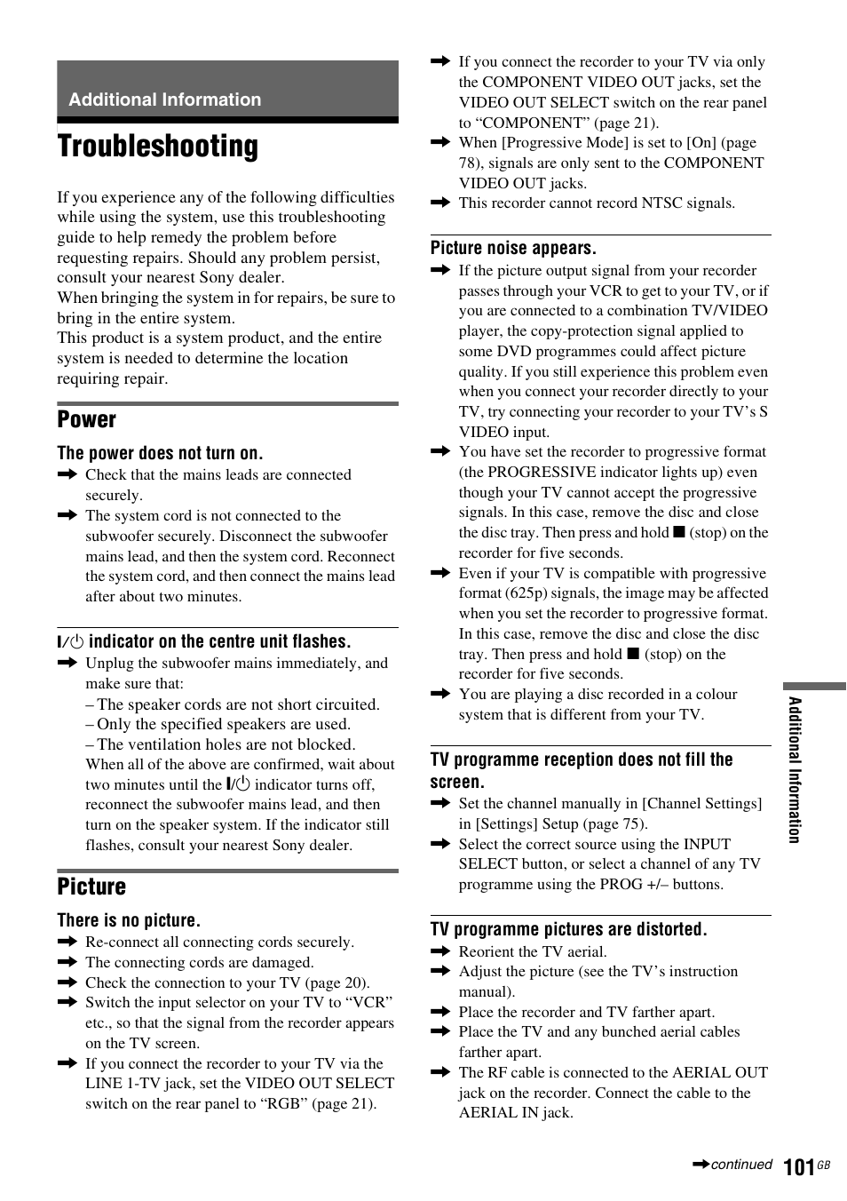 Additional information, Troubleshooting, Power | Picture | Sony DAR-RD100 User Manual | Page 101 / 508