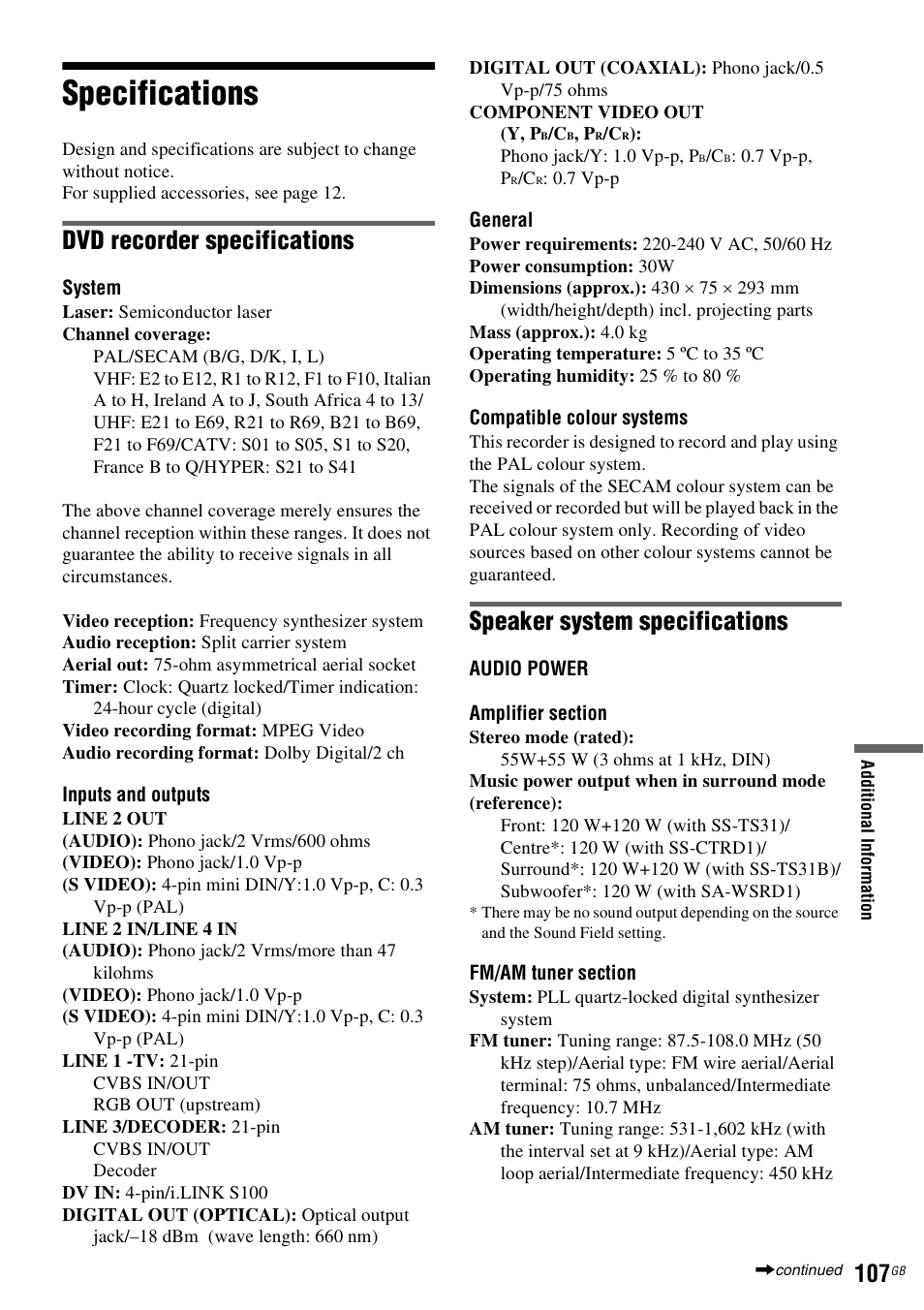 Specifications, Dvd recorder specifications, Speaker system specifications | Sony DAR-RD100 User Manual | Page 107 / 508