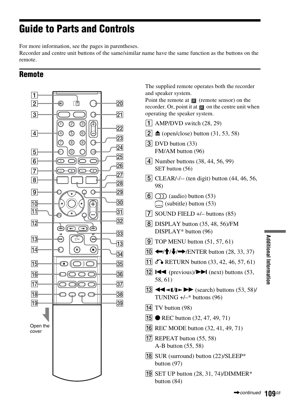 Guide to parts and controls, Remote | Sony DAR-RD100 User Manual | Page 109 / 508