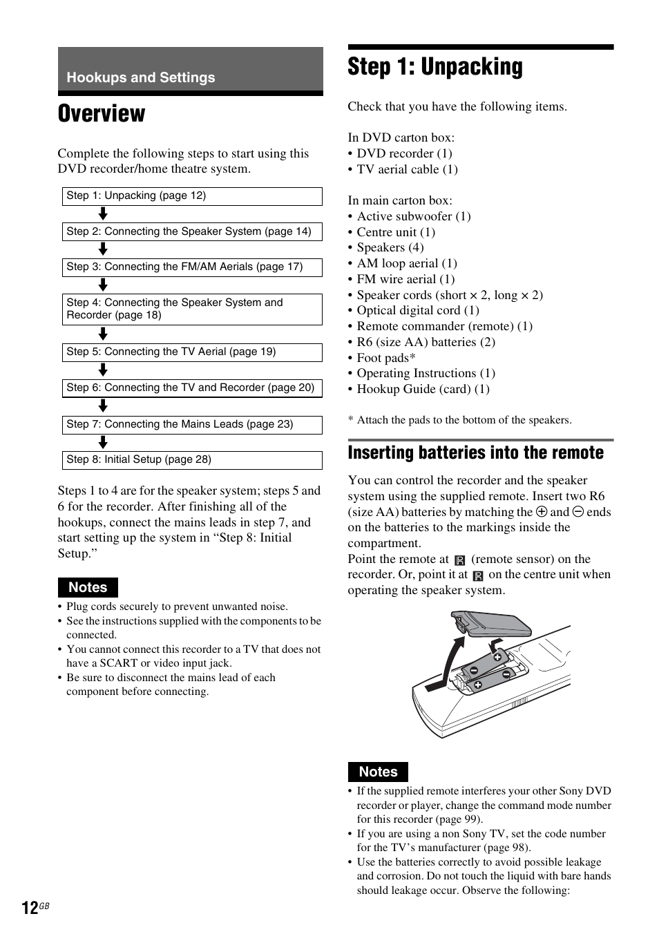 Hookups and settings, Overview, Step 1: unpacking | Overview step 1: unpacking, Inserting batteries into the remote | Sony DAR-RD100 User Manual | Page 12 / 508