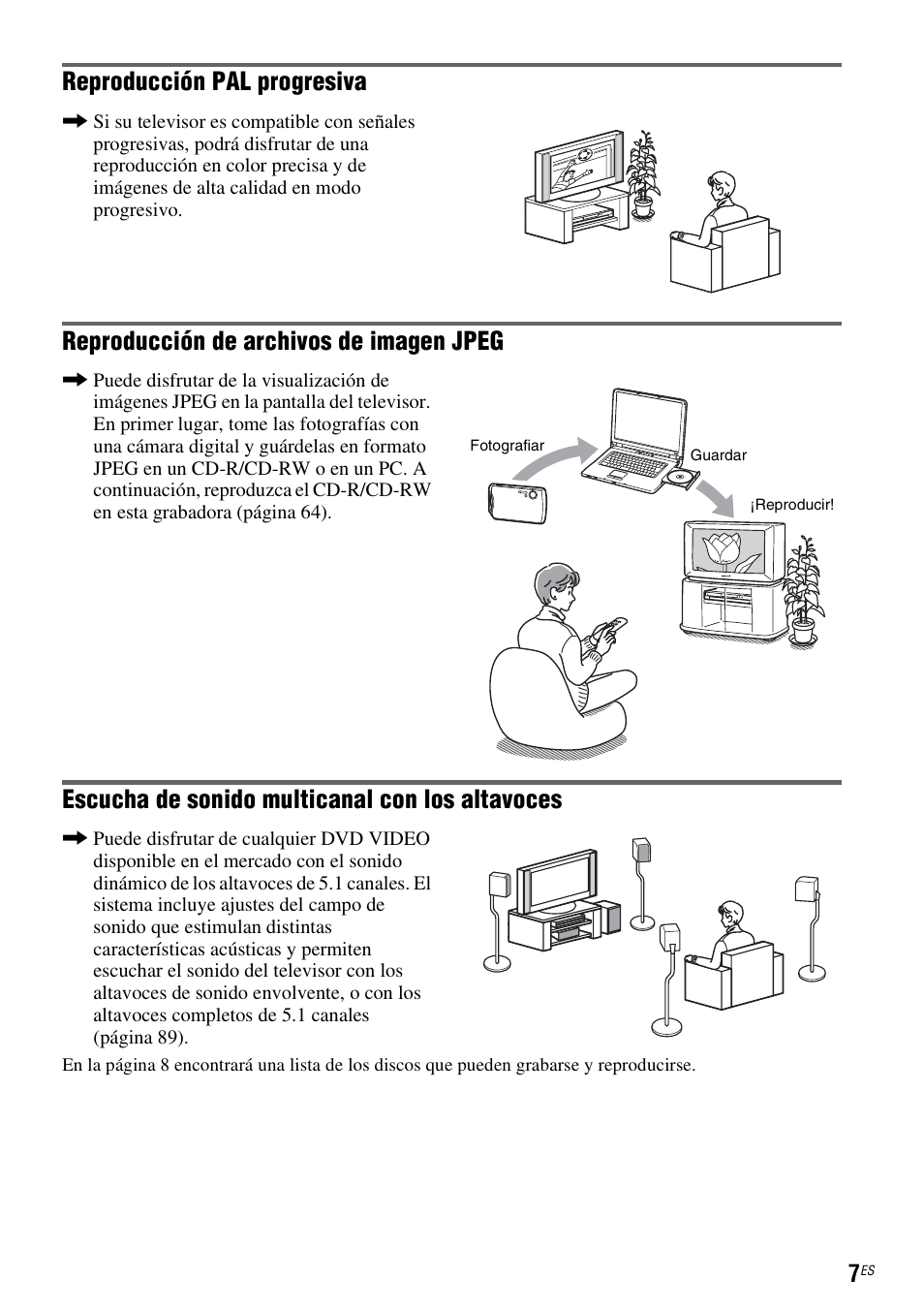 Reproducción pal progresiva, Reproducción de archivos de imagen jpeg, Escucha de sonido multicanal con los altavoces | Sony DAR-RD100 User Manual | Page 127 / 508