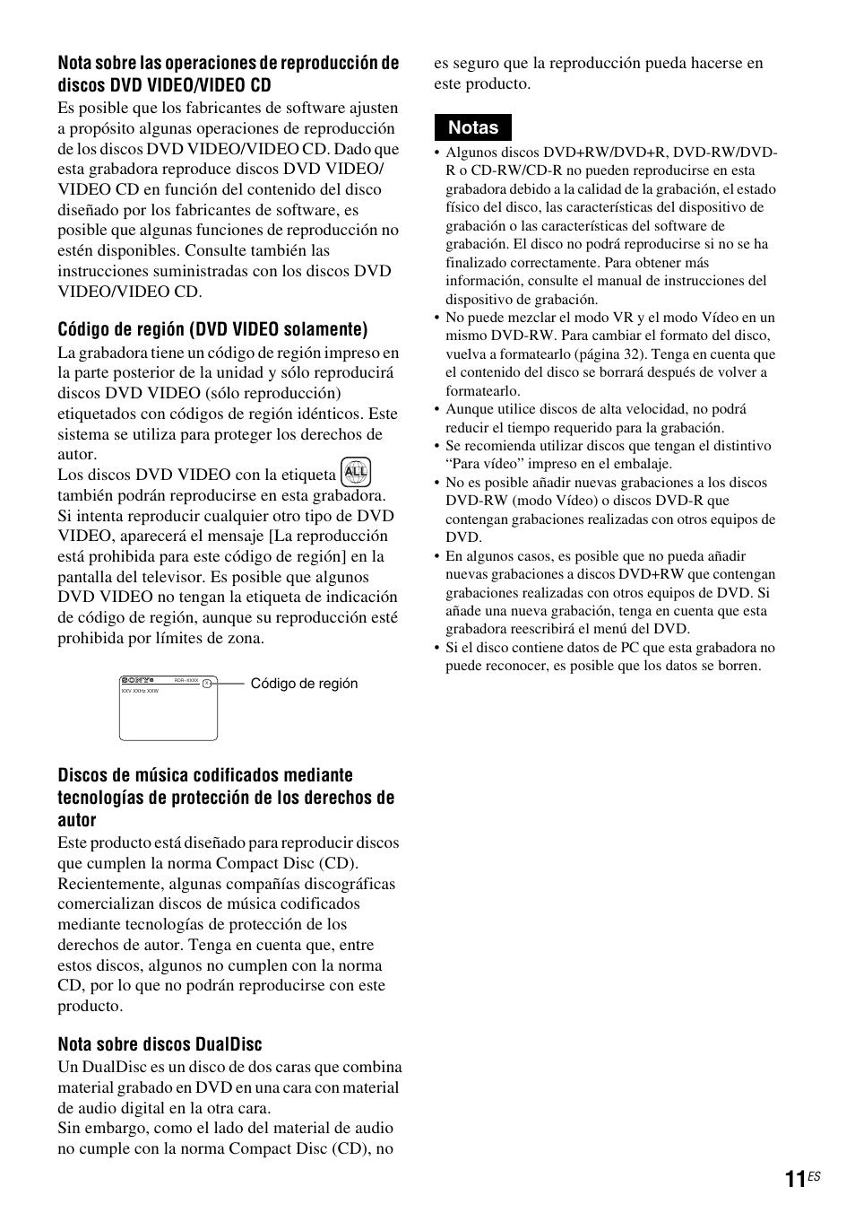Código de región (dvd video solamente), Nota sobre discos dualdisc, Notas | Sony DAR-RD100 User Manual | Page 131 / 508