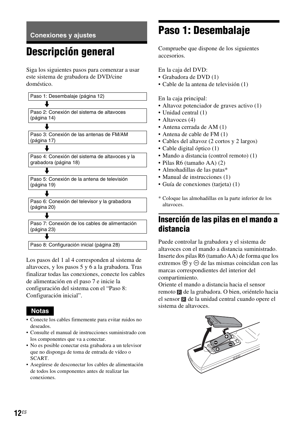 Conexiones y ajustes, Descripción general, Paso 1: desembalaje | Descripción general paso 1: desembalaje, Inserción de las pilas en el mando a distancia | Sony DAR-RD100 User Manual | Page 132 / 508
