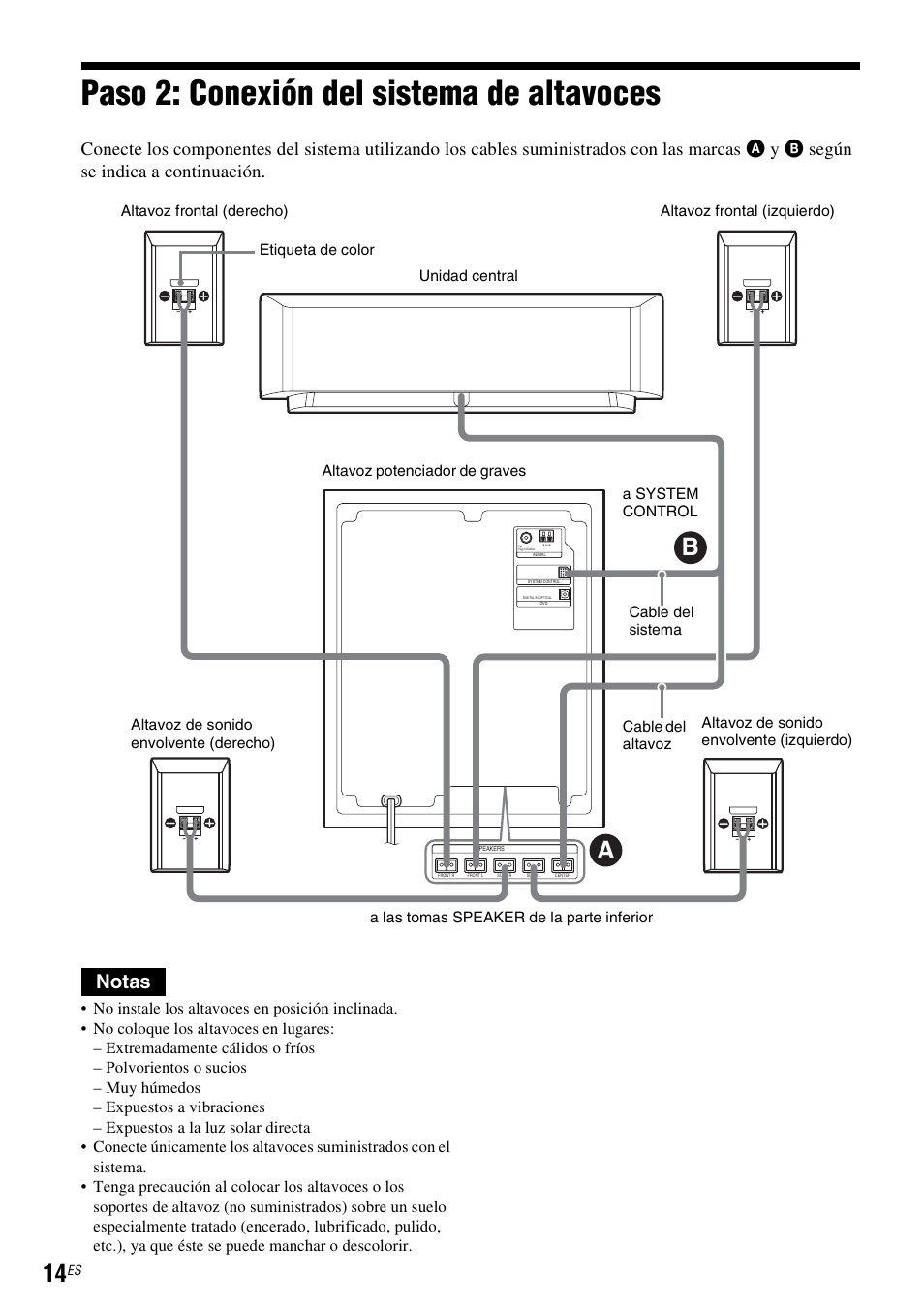 Paso 2: conexión del sistema de altavoces, Notas | Sony DAR-RD100 User Manual | Page 134 / 508