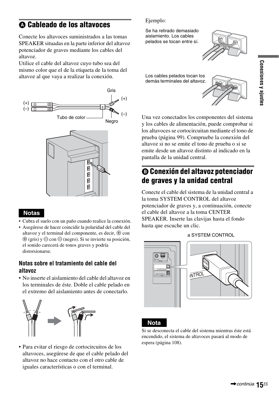 Cableado de los altavoces, Notas, Notas sobre el tratamiento del cable del altavoz | Nota | Sony DAR-RD100 User Manual | Page 135 / 508