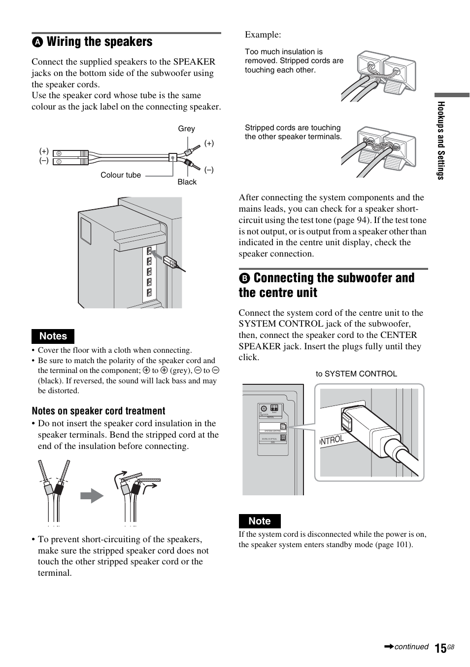 Wiring the speakers, Connecting the subwoofer and the centre unit | Sony DAR-RD100 User Manual | Page 15 / 508