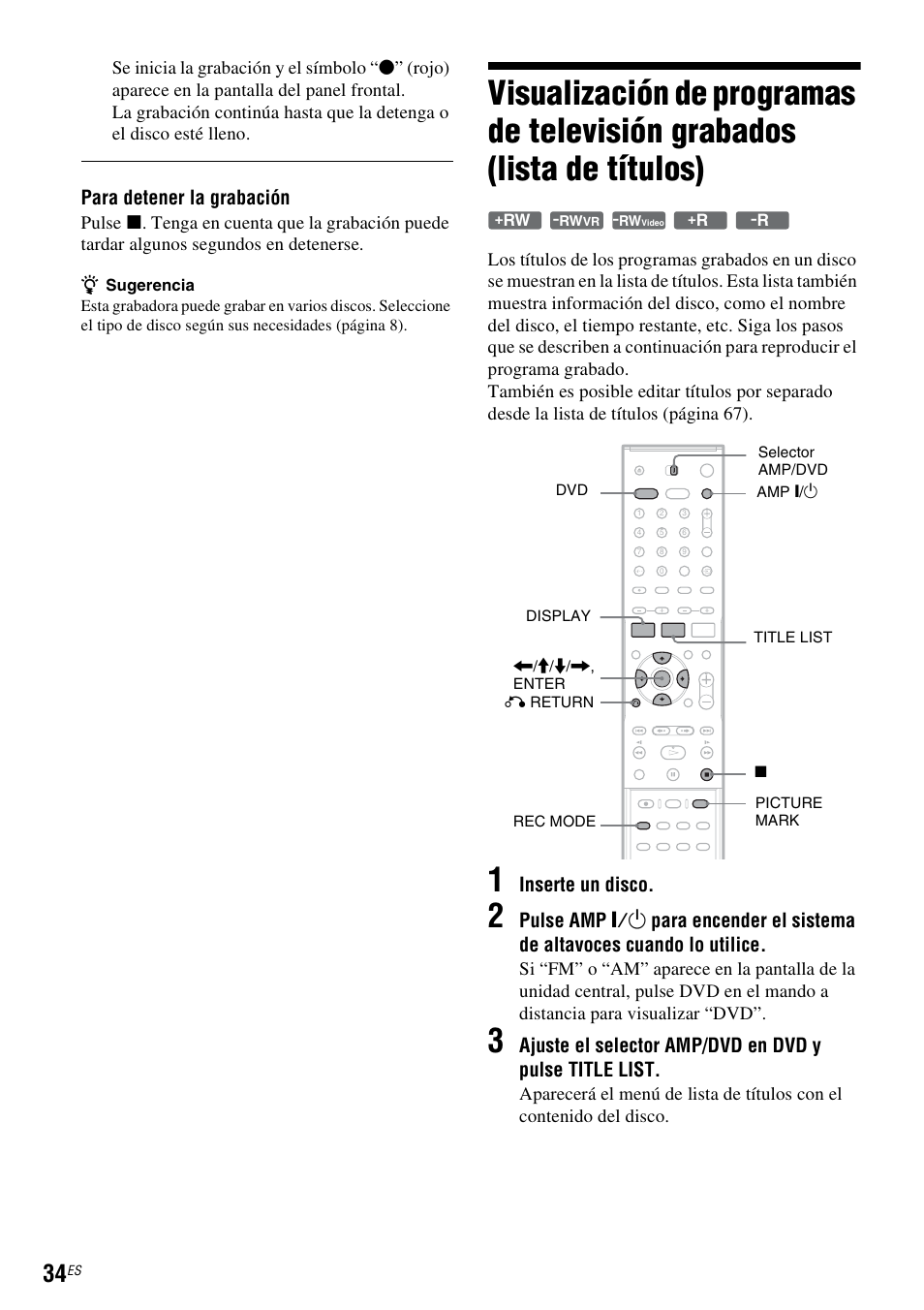 Para detener la grabación, Inserte un disco | Sony DAR-RD100 User Manual | Page 154 / 508