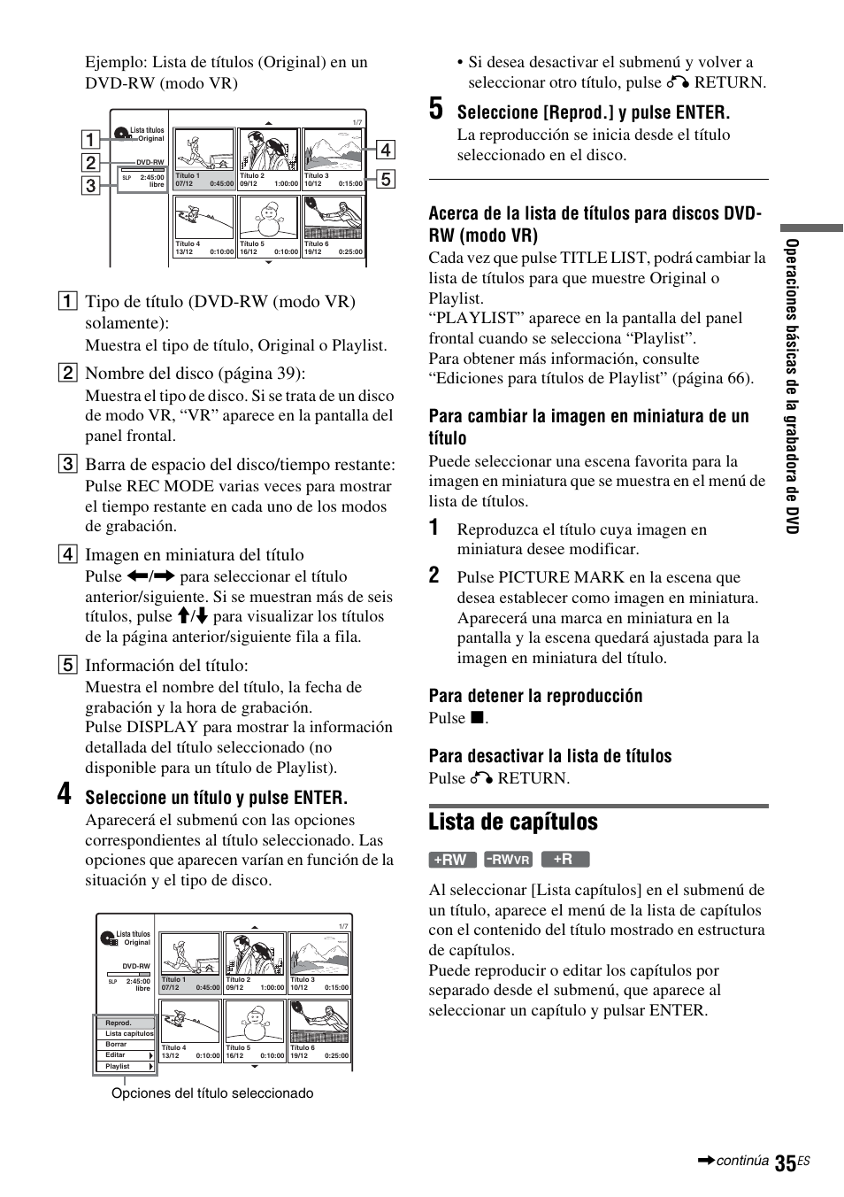 Lista de capítulos, Atipo de título (dvd-rw (modo vr) solamente), Bnombre del disc o (página 39) | Cbarra de espacio del disco/tiempo restante, Dimagen en miniatura del título, Einformación del título, Seleccione un título y pulse enter, Seleccione [reprod.] y pulse enter, Para cambiar la imagen en miniatura de un título, Para detener la reproducción | Sony DAR-RD100 User Manual | Page 155 / 508