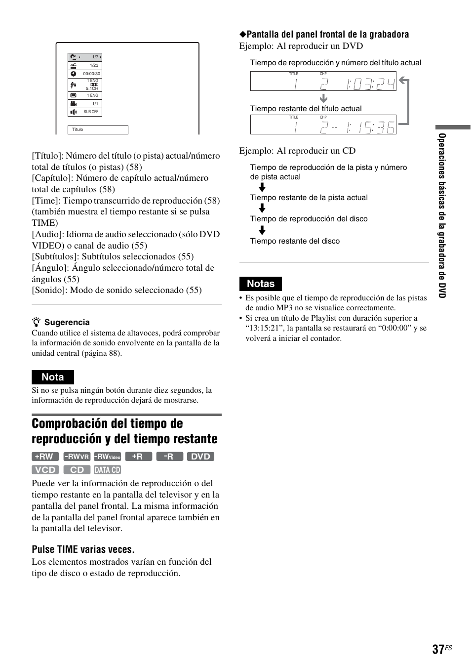 Nota, Pulse time varias veces, Notas | Sony DAR-RD100 User Manual | Page 157 / 508