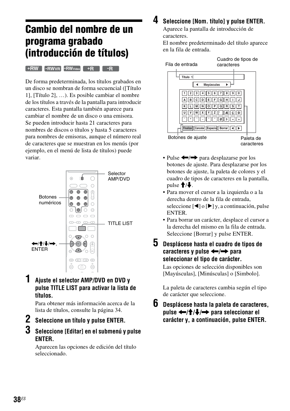 Seleccione un título y pulse enter, Seleccione [editar] en el submenú y pulse enter, Seleccione [nom. título] y pulse enter | Sony DAR-RD100 User Manual | Page 158 / 508