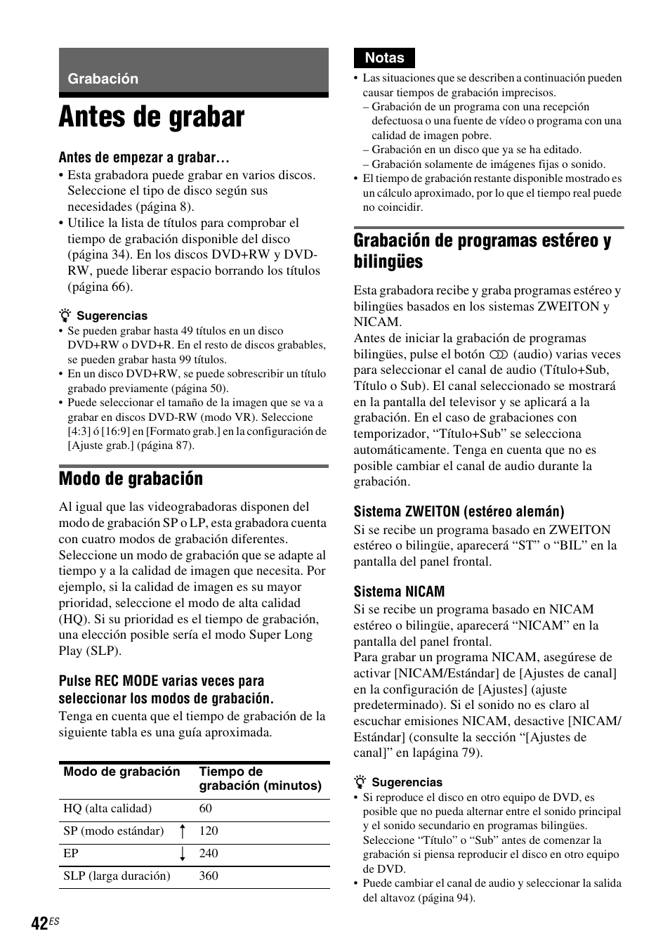 Grabación, Antes de grabar, Modo de grabación | Grabación de programas estéreo y bilingües | Sony DAR-RD100 User Manual | Page 162 / 508