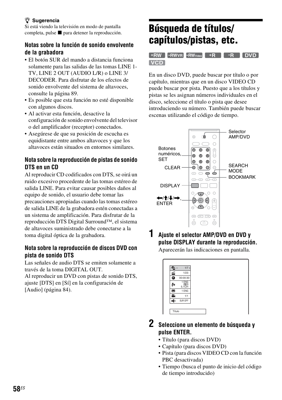 Búsqueda de títulos/ capítulos/pistas, etc, Búsqueda de títulos/capítulos/pistas, etc, S (58) | Seleccione un elemento de búsqueda y pulse enter, Aparecerán las indicaciones en pantalla | Sony DAR-RD100 User Manual | Page 178 / 508