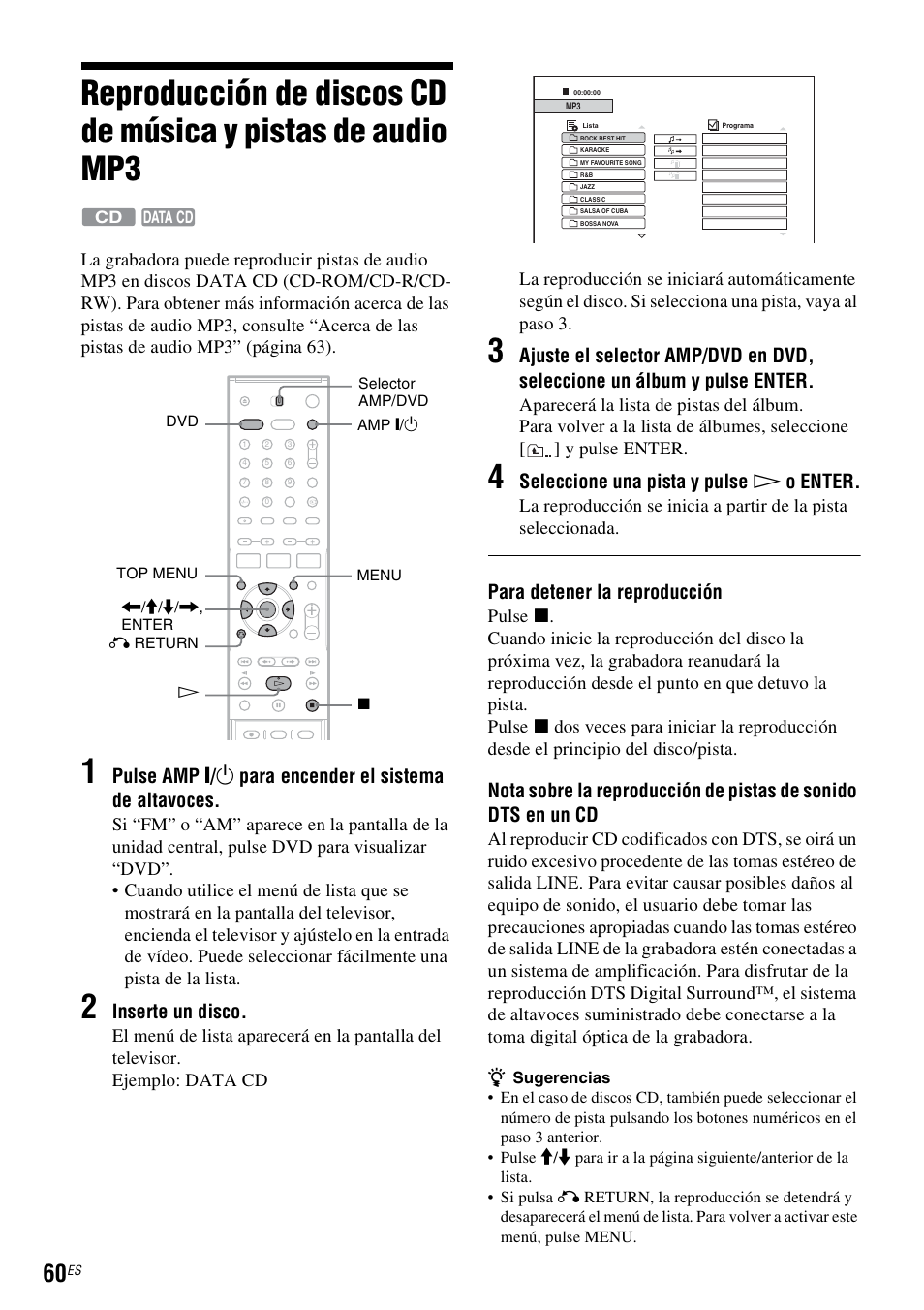 Inserte un disco, Seleccione una pista y pulse h o enter, Para detener la reproducción | Sony DAR-RD100 User Manual | Page 180 / 508