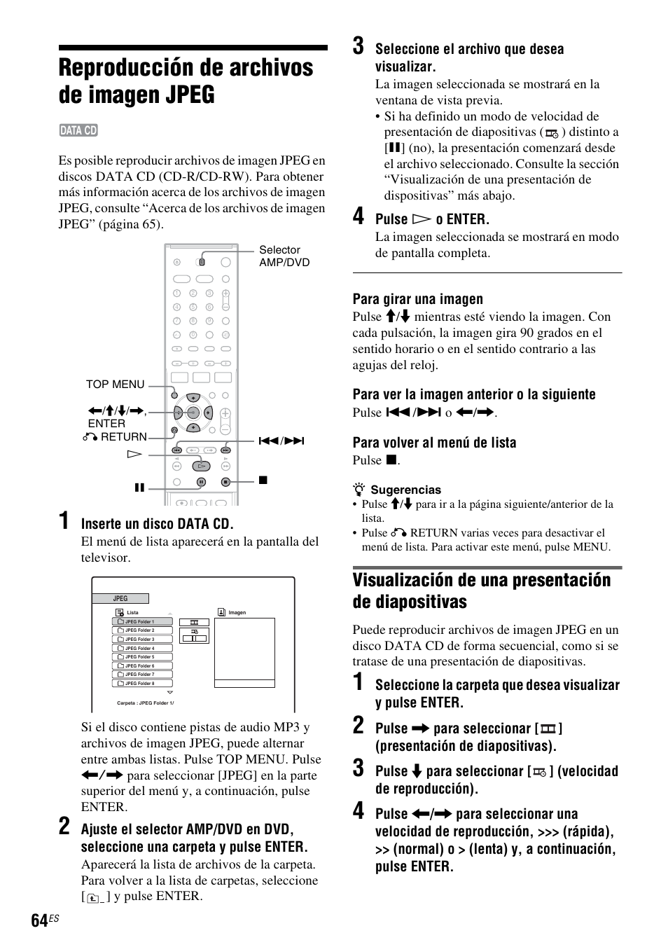 Reproducción de archivos de imagen jpeg, Visualización de una presentación de diapositivas | Sony DAR-RD100 User Manual | Page 184 / 508