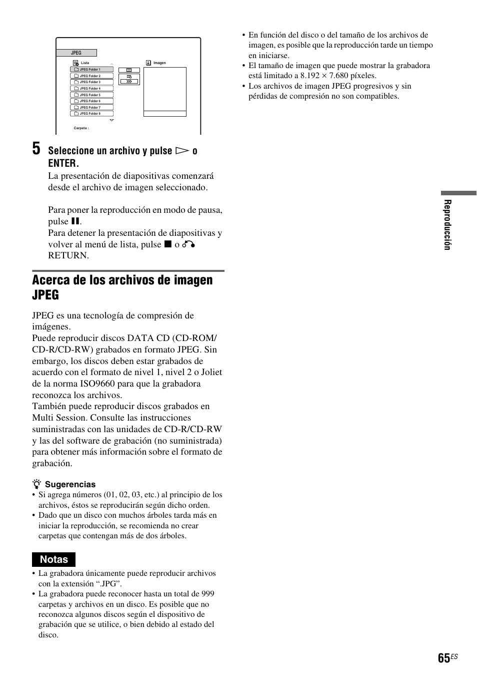 Acerca de los archivos de imagen jpeg, Seleccione un archivo y pulse h o enter, Notas | Sony DAR-RD100 User Manual | Page 185 / 508