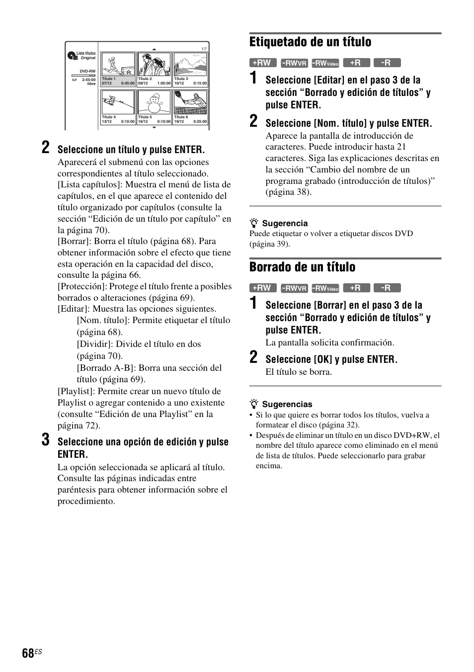 Etiquetado de un título, Borrado de un título, Seleccione un título y pulse enter | Seleccione una opción de edición y pulse enter, Seleccione [nom. título] y pulse enter, Seleccione [ok] y pulse enter | Sony DAR-RD100 User Manual | Page 188 / 508