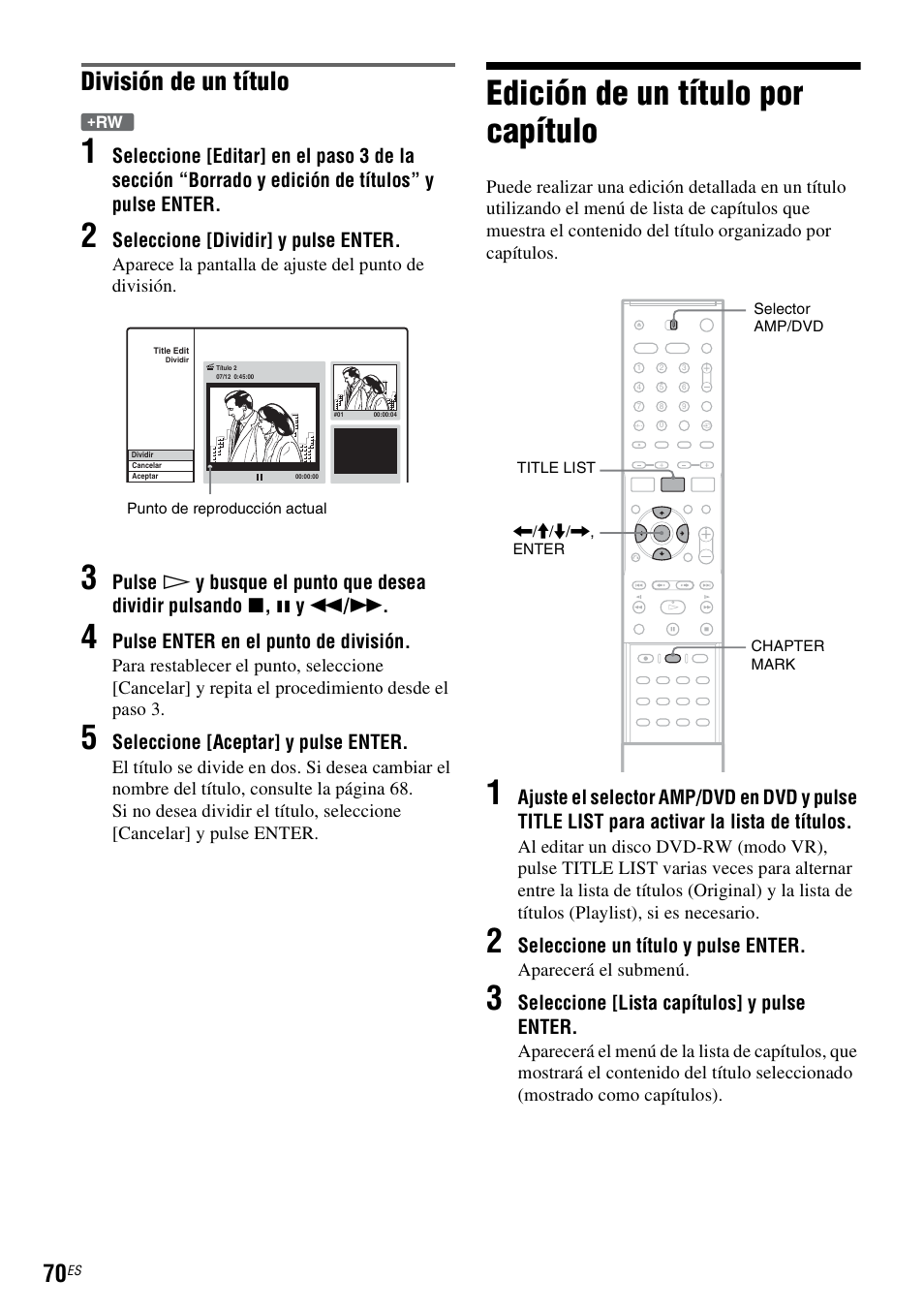 Edición de un título por capítulo, División de un título | Sony DAR-RD100 User Manual | Page 190 / 508