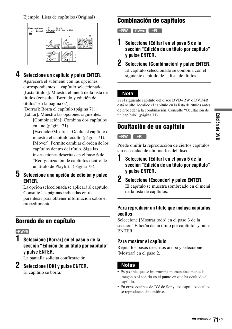 Borrado de un capítulo, Combinación de capítulos, Ocultación de un capítulo | Sony DAR-RD100 User Manual | Page 191 / 508