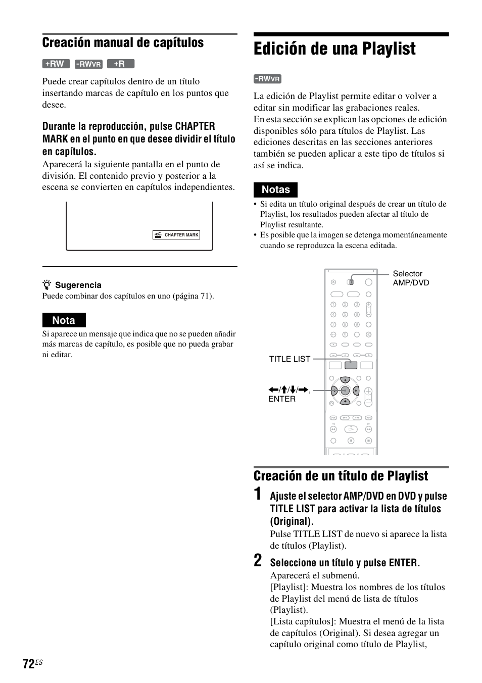 Edición de una playlist, Creación manual de capítulos, Creación de un título de playlist | Nota, Notas, Seleccione un título y pulse enter | Sony DAR-RD100 User Manual | Page 192 / 508