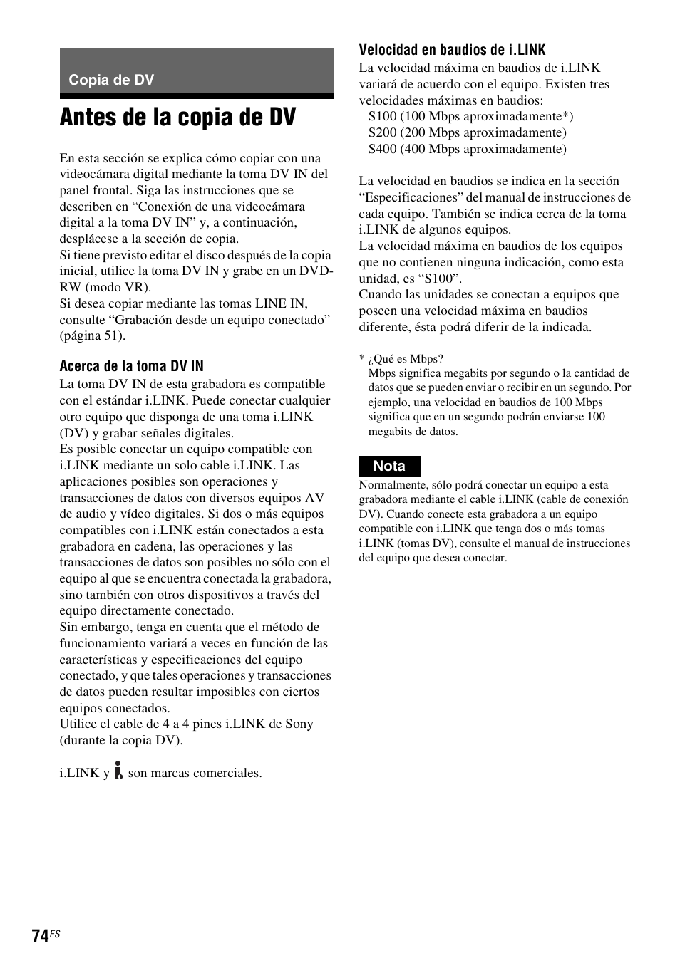 Copia de dv, Antes de la copia de dv | Sony DAR-RD100 User Manual | Page 194 / 508