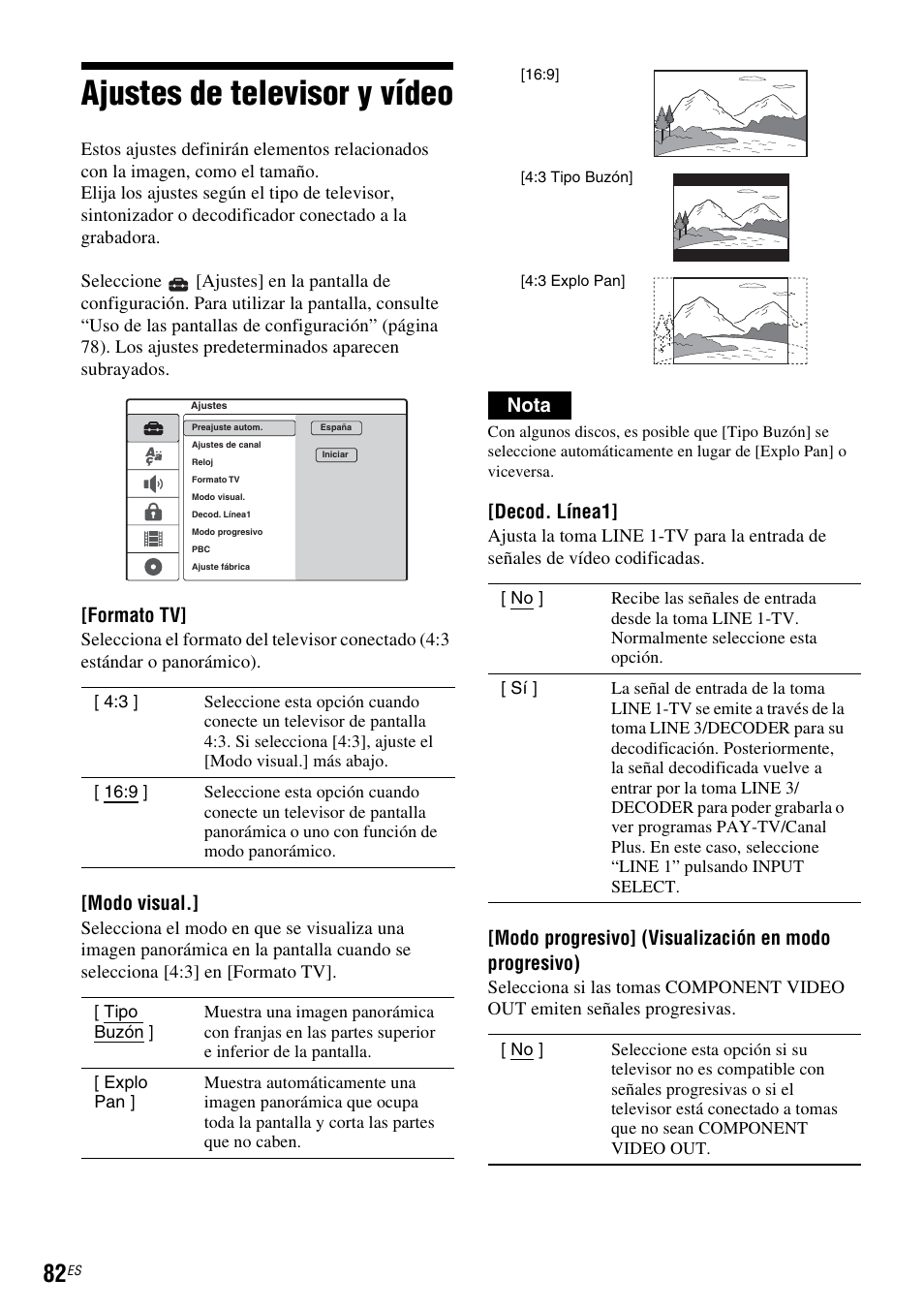 Ajustes de televisor y vídeo, Formato tv, Modo visual | Nota, Decod. línea1 | Sony DAR-RD100 User Manual | Page 202 / 508