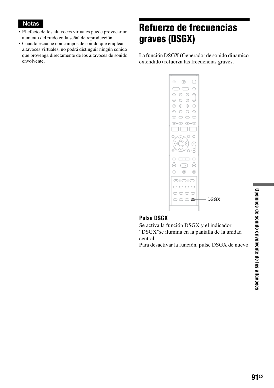 Refuerzo de frecuencias graves (dsgx), Notas, Pulse dsgx | Sony DAR-RD100 User Manual | Page 211 / 508