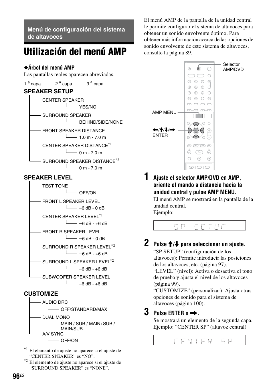 Menú de configuración del sistema de altavoces, Utilización del menú amp, Pulse m / m para seleccionar un ajuste | Pulse enter o, Speaker setup, Speaker level, Customize | Sony DAR-RD100 User Manual | Page 216 / 508