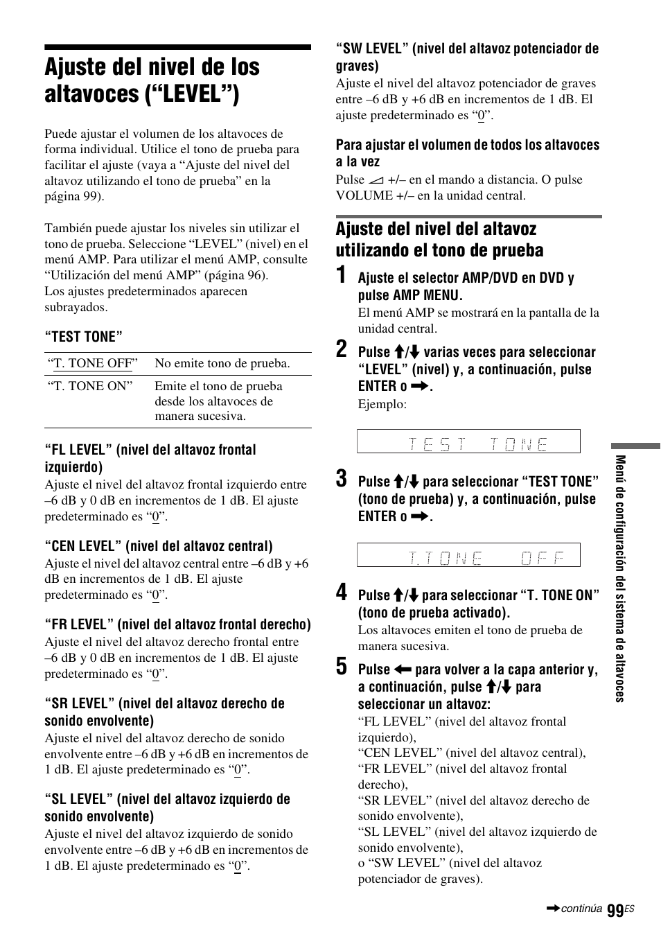 Ajuste del nivel de los altavoces (“level”) | Sony DAR-RD100 User Manual | Page 219 / 508