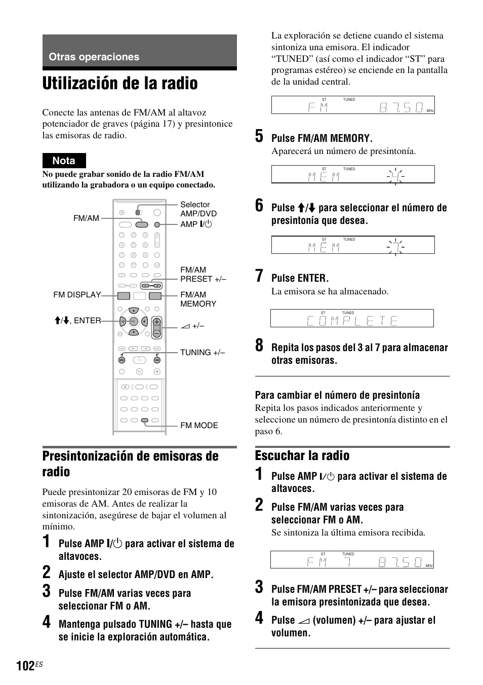 Otras operaciones, Utilización de la radio, Presintonización de emisoras de radio | Escuchar la radio | Sony DAR-RD100 User Manual | Page 222 / 508