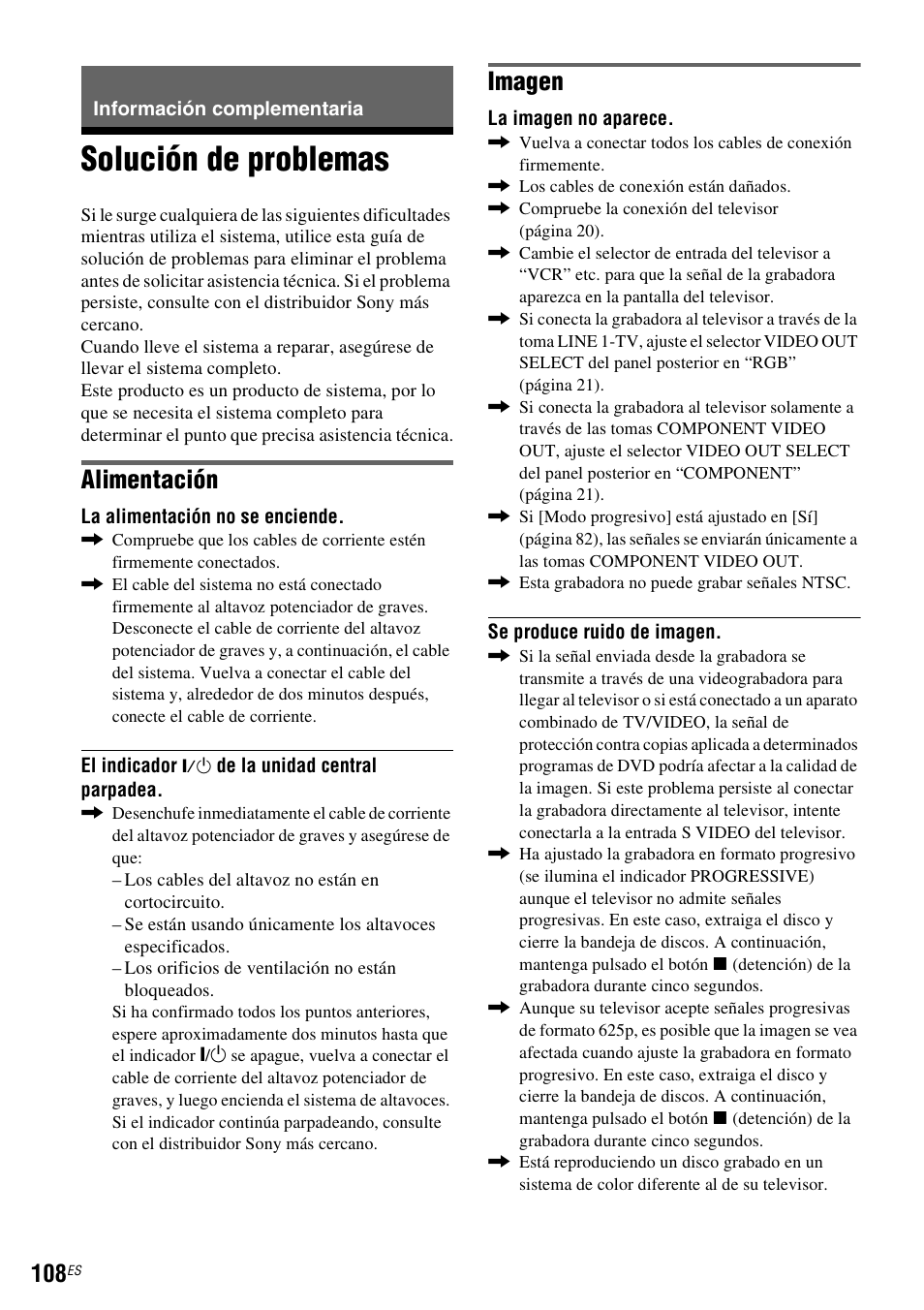 Información complementaria, Solución de problemas, Alimentación | Imagen | Sony DAR-RD100 User Manual | Page 228 / 508